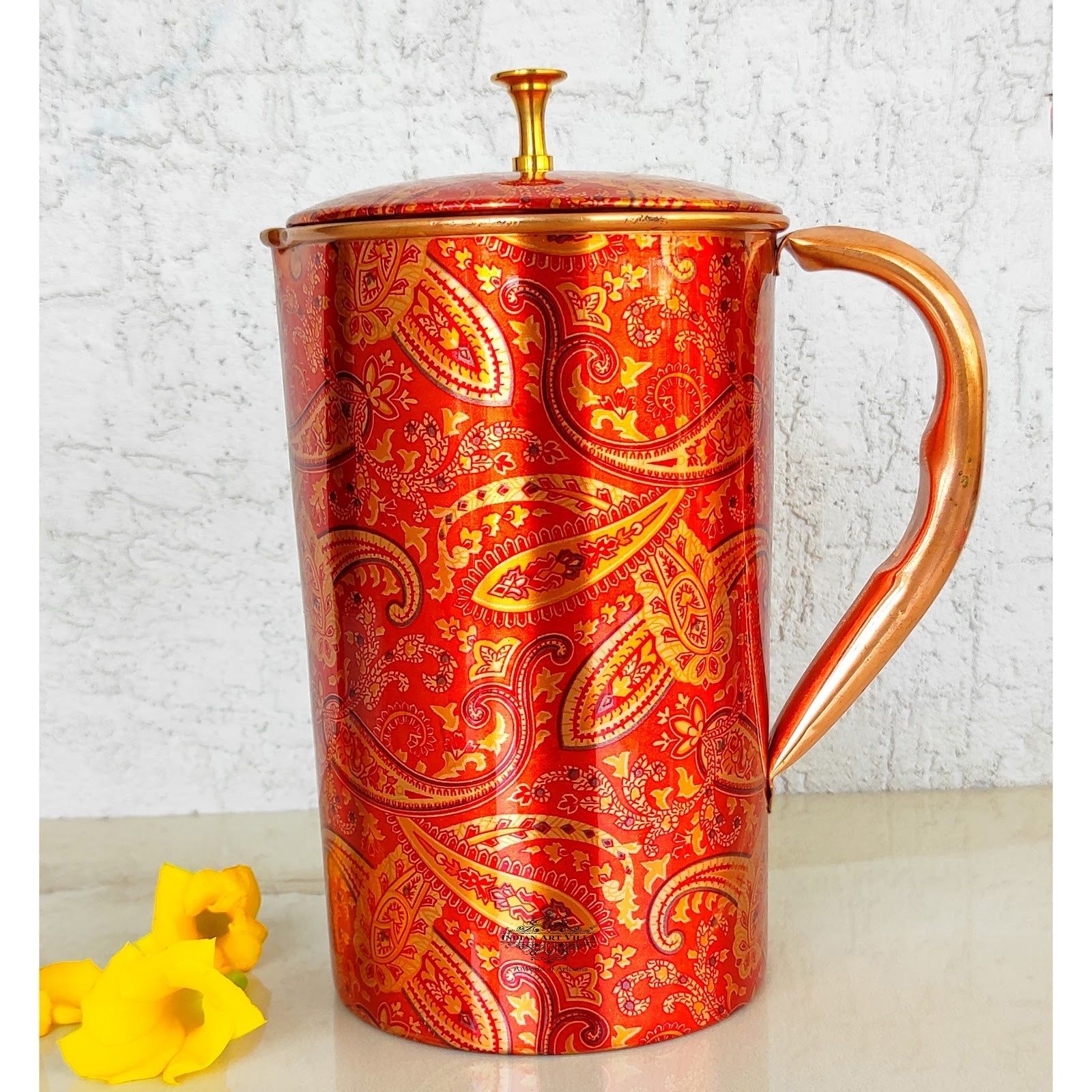 Pure copper paisley printed design jug with brass knob on lid paisley, 1500 ML